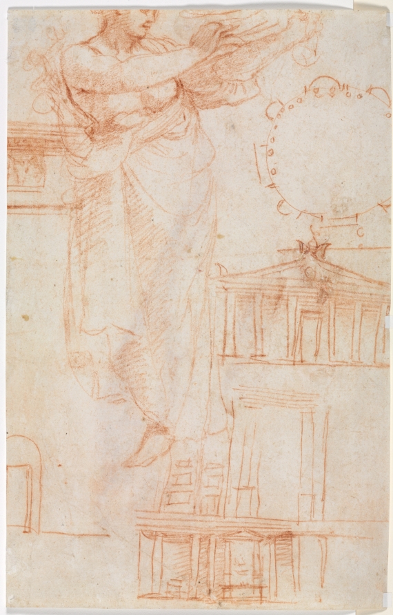 Urban Form: A Draped Female Figure (possibly an Amazon) and Architectural Studies (verso)