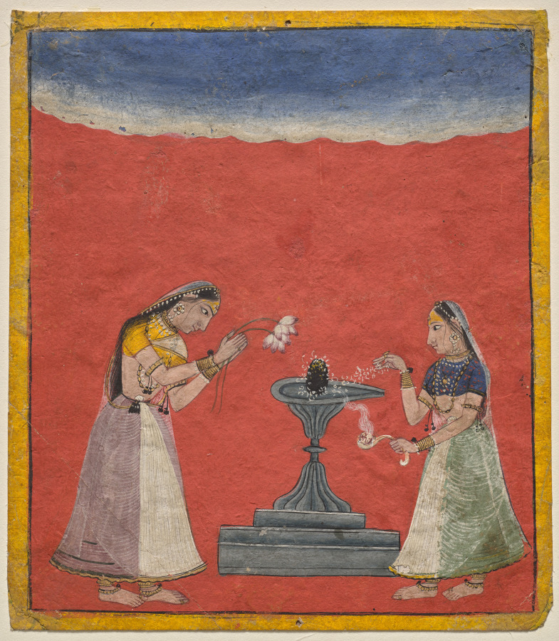 Urban Form: Women worshiping a Shiva linga: Devagandhari Ragini of Hindol Raga, from a Ragamala